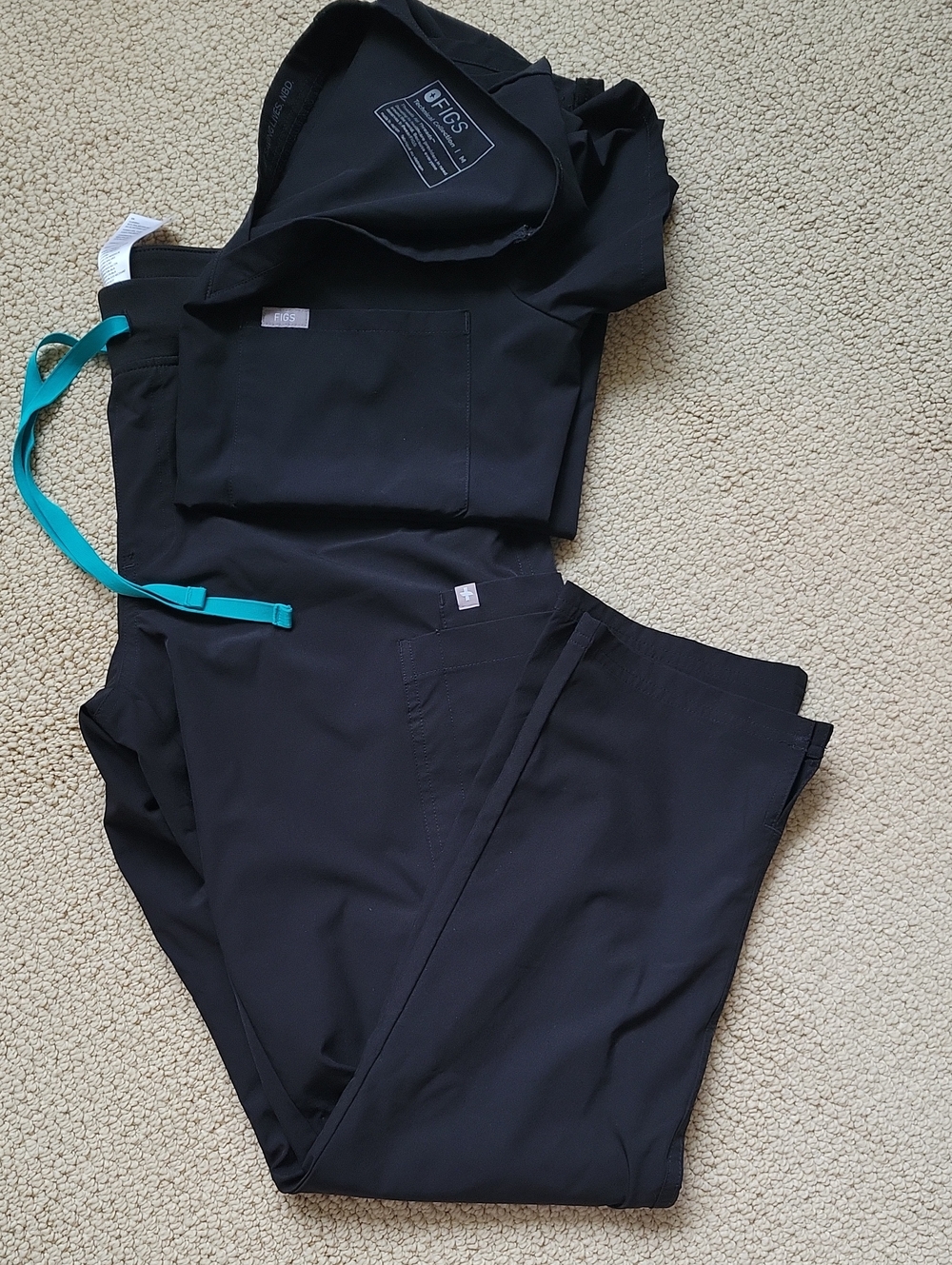 Figs Black Straight-Leg Scrub Pants with Teal Drawstring